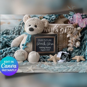 Anuncio de embarazo náutico, Anuncio de bebé con temática azul, Plantilla de tarjeta digital personalizada, Nuestro futuro vago de playa EDITABLE