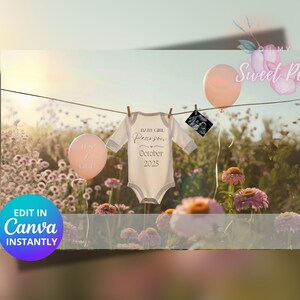 Faire-part de grossesse ballon rose, faire-part de bébé sur le thème d'une fille, modèle de carte numérique personnalisé personnalisé, révélation de genre surprise