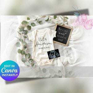 Faire-part de grossesse minimaliste, faire-part de bébé floral neutre, modèle de carte numérique personnalisé neutre, fleur naturelle MODIFIABLE