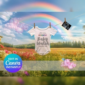 Faire-part de grossesse de bébé arc-en-ciel, faire-part de bébé sur le thème, modèle de carte numérique personnalisé personnalisé, champ de fleurs après chaque tempête