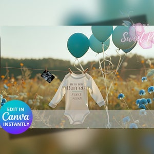 Annuncio di gravidanza con palloncino blu, annuncio di nascita a tema "It's a Boy", modello di carta digitale personalizzata personalizzata, rivelazione di genere a sorpresa