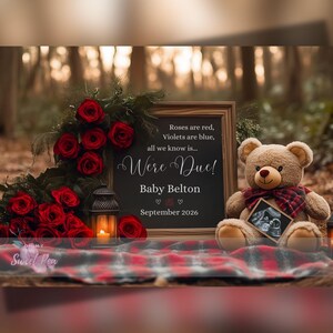 Faire-part de grossesse Saint-Valentin, faire-part de bébé, modèle de carte numérique personnalisé modifiable personnalisé, roses rouges violettes bleues que nous devons