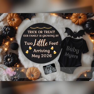 Faire-part de grossesse Halloween, bébé fantasmagorique, modèle de carte numérique personnalisé personnalisé, un tour ou un régal pour notre famille qui s'agrandit MODIFIABLE