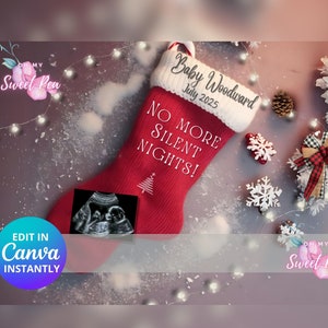 Faire-part de grossesse ornement de bas de Noël, modèle de carte numérique personnalisé personnalisé, No More Silent Nights Baby Holiday Reveal