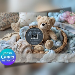 Faire-part de grossesse petit frère, faire-part sur le thème du bébé bleu, modèle de carte numérique personnalisé modifiable personnalisé, sexe révélateur