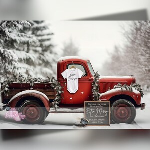 Faire-part de grossesse de Noël, annonce bébé pour les fêtes, modèle de carte numérique personnalisé personnalisé, petit camion rouge vintage, très joyeux Cmas