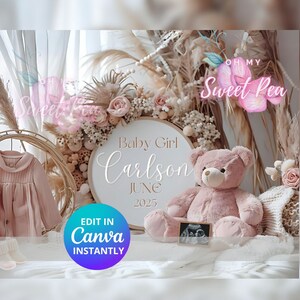 Faire-part de grossesse floral rose, faire-part sur le thème de bébé rose, modèle de carte numérique personnalisé personnalisé, sexe révélateur, c'est une fille