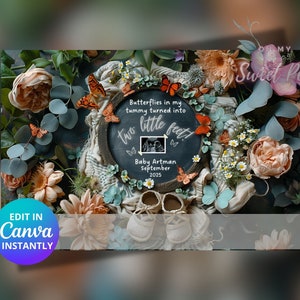 Faire-part de grossesse de bébé papillon, faire-part de grossesse sur le thème des fleurs, modèle de carte numérique personnalisé personnalisé, papillons dans le ventre, modifiable