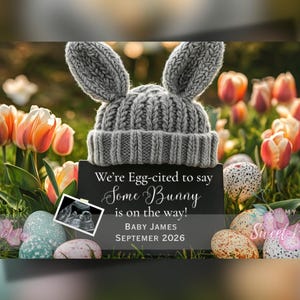 Faire-part de grossesse de Pâques, modèle de carte numérique personnalisé personnalisé, Naissance de bébé neutre révélant une arrivée de printemps de lapin MODIFIABLE