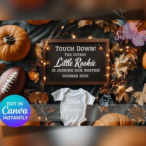 Faire-part de grossesse football, ajout d'une annonce de bébé recrue à la liste, modèle de carte numérique personnalisé personnalisé, bébé automne révéler