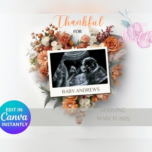 Faire-part de grossesse reconnaissant, faire-part de bébé d'automne, modèle de carte numérique personnalisé personnalisé, Floral Reveal Thanksgiving MODIFIABLE