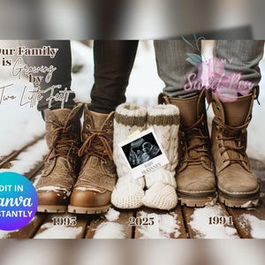 Faire-part de grossesse Deux petits pieds, Révélation de bébé sur le thème de la famille qui s'agrandit, Modèle de carte numérique personnalisé personnalisé, Années de naissance modifiable