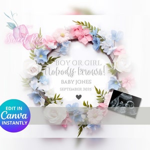 Faire-part de grossesse rose ou bleu, faire-part de bébé, modèle de carte numérique personnalisé personnalisé, révélation florale sexe de bébé garçon ou fille