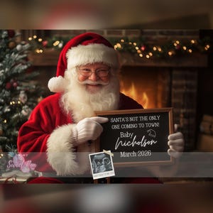 Faire-part de grossesse de Noël, Révélation de bébé pour les fêtes, Modèle de carte numérique personnalisé personnalisé, Père Noël arrivant en ville