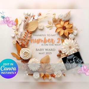 Faire-part de grossesse automne, reconnaissant pour le bébé numéro deux, modèle de carte numérique personnalisé floral Thanksgiving, Halloween automne