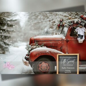 Faire-part de grossesse de Noël, Révélation de bébé de vacances, modèle de carte numérique personnalisé personnalisé, petit camion rouge vintage, arrivée de décembre