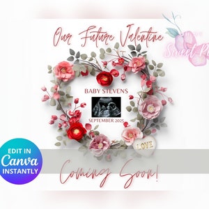 Faire-part de grossesse numérique pour la Saint-Valentin, faire-part de bébé amour, modèle de carte numérique personnalisé personnalisé, révélateur d'amour floral MODIFIABLE