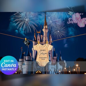 Faire-part de grossesse numérique de feux d'artifice magiques, faire-part de bébé, modèle de carte numérique personnalisé personnalisé, château de Cendrillon unique