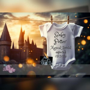 Faire-part de grossesse numérique magique, faire-part de bébé numérique, modèle de carte numérique personnalisé personnalisé, thème unique du château du sorcier