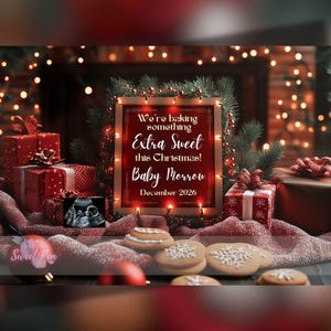 Faire-part de grossesse pour Noël, Révélation de bébé pour les fêtes, Modèle de carte numérique personnalisé personnalisé, Biscuits de Noël au four Arrivée de décembre