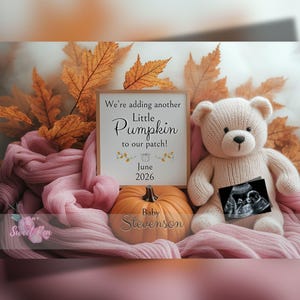 Faire-part de grossesse automne, faire-part de bébé automne, modèle de carte numérique personnalisé personnalisé, feuilles, ajout d'une petite citrouille MODIFIABLE