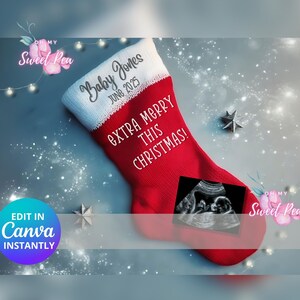 Faire-part de grossesse de Noël, faire-part de bébé sur le thème ornement de bas de Noël, modèle de carte numérique personnalisé personnalisé, cadeau de Noël