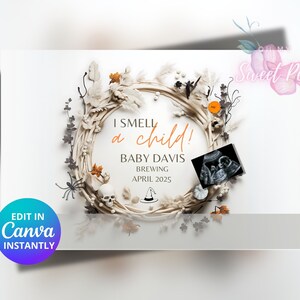 Faire-part de grossesse Halloween, faire-part de bébé sorcière brassage de l'odeur d'un enfant, modèle de carte numérique personnalisé personnalisé, temps d'automne