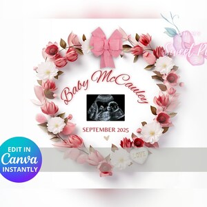 Faire-part de grossesse pour la Saint-Valentin, faire-part de bébé amour, modèle de carte numérique personnalisé personnalisé, révélation florale de bébé MODIFIABLE