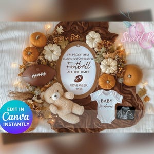 Faire-part de grossesse football, papa ne regarde pas toujours faire-part de bébé, modèle de carte numérique personnalisé personnalisé, bébé automne révéler