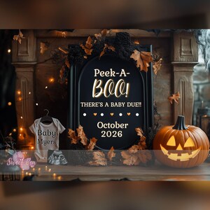 Faire-part de grossesse Halloween, bébé fantasmagorique, modèle de carte numérique personnalisé personnalisé, fantôme Peek A Boo Due MODIFIABLE