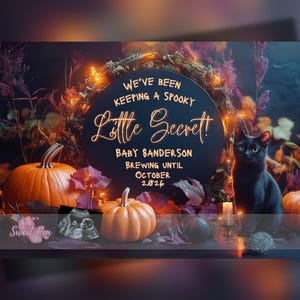 Faire-part de grossesse Halloween, bébé fantasmagorique, modèle de carte numérique personnalisé personnalisé, garder un chat noir secret effrayant MODIFIABLE