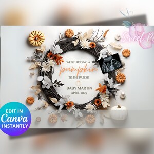 Faire-part de grossesse automne, faire-part de bébé Halloween, modèle de carte numérique personnalisé personnalisé, ajout d'un patch citrouille MODIFIABLE