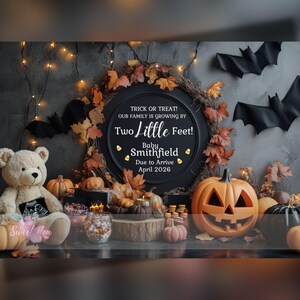 Faire-part de grossesse Halloween, bébé fantasmagorique, modèle de carte numérique personnalisé personnalisé, des bonbons ou un sortilège MODIFIABLE
