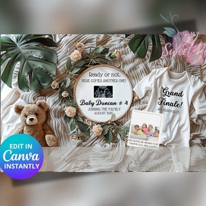 Faire-part de grossesse grand final, bébé fleur, modèle de carte numérique personnalisé personnalisé, prêt ou pas, voici un autre modifiable
