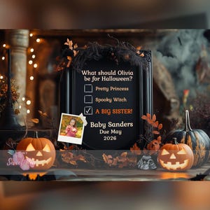 Faire-part de grossesse Halloween, bébé fantasmagorique, modèle de carte numérique personnalisé personnalisé, je suis une grande soeur pour Halloween MODIFIABLE