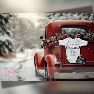Faire-part de grossesse de Noël, annonce bébé pour les fêtes, modèle de carte numérique personnalisé personnalisé, petit camion rouge vintage, je serai à la maison