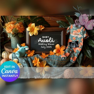 Anuncio de embarazo hawaiano, Anuncio de bebé, Plantilla de tarjeta digital personalizada, Making Waves, Future Voyager EDITABLE