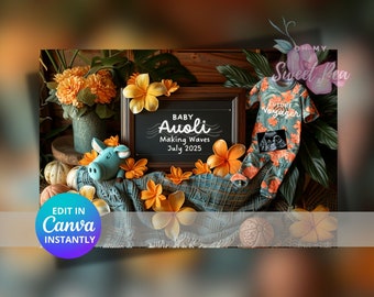 Tarjeta digital "Anuncio de embarazo hawaiano: Making Waves" (editable en Canva)
