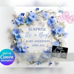 È un annuncio di gravidanza per ragazzo, annuncio di nascita digitale, modello di carta digitale personalizzato personalizzato, rivelazione di genere floreale MODIFICABILE
