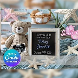 Faire-part de grossesse nautique, faire-part sur le thème de bébé bleu, modèle de carte numérique personnalisé personnalisé, je t'aime à la plage et retour
