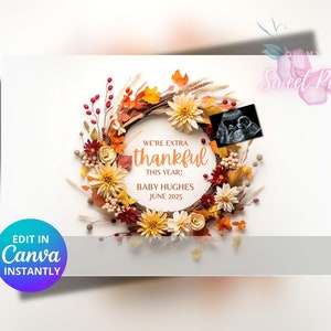 Faire-part de grossesse reconnaissant, faire-part de bébé d'automne, modèle de carte numérique personnalisé personnalisé, Floral Reveal Thanksgiving MODIFIABLE