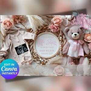 Anuncio de embarazo de hermanita, anuncio de bebé con temática de niña, plantilla de tarjeta digital personalizada editable, revelación de género