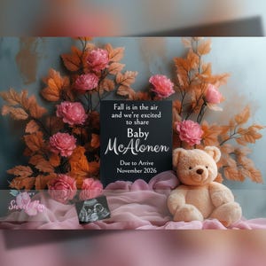 Faire-part de grossesse automne, faire-part de bébé automne, modèle de carte numérique personnalisé personnalisé, feuilles d'Halloween qui tombent dans les airs MODIFIABLES