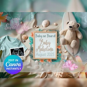 Faire-part de grossesse surf hawaïen, faire-part de bébé, modèle de carte numérique personnalisé personnalisé, j'ai hâte de vous voir Beach Bum MODIFIABLE