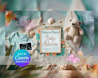 Anuncio de embarazo de surf hawaiano: Tema playero personalizado (plantilla de tarjeta digital)