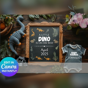 Faire-part de grossesse BabySaurus, Dino est sur le chemin, Révélation de bébé sur le thème, modèle de carte numérique personnalisé personnalisé dix pieds orteils modifiable