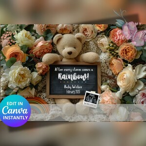 Faire-part de grossesse de bébé arc-en-ciel, faire-part de bébé sur le thème, modèle de carte numérique personnalisé personnalisé, champ de fleurs après chaque tempête