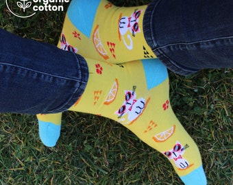 Calcetines de algodón orgánico de punto: Gato divertido con gafas de sol