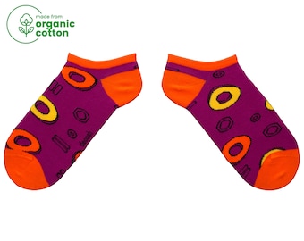 Calcetines tobilleros de algodón orgánico con estampado circular - Naranja y morado