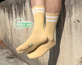 6 paires de chaussettes de sport en coton bio - Chaussettes tubulaires beiges à rayures